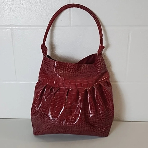 Burgundy Croc Embossed Handbag Purse Magnetic Snap Closure Approx 11"X10" - Picture 9 of 16